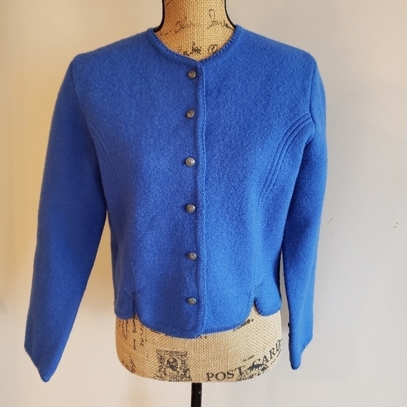 Vintage Carroll Reed Cardigan Sweater 100% Wool Blue Size 10 Metallic Buttons - Picture 1 of 8
